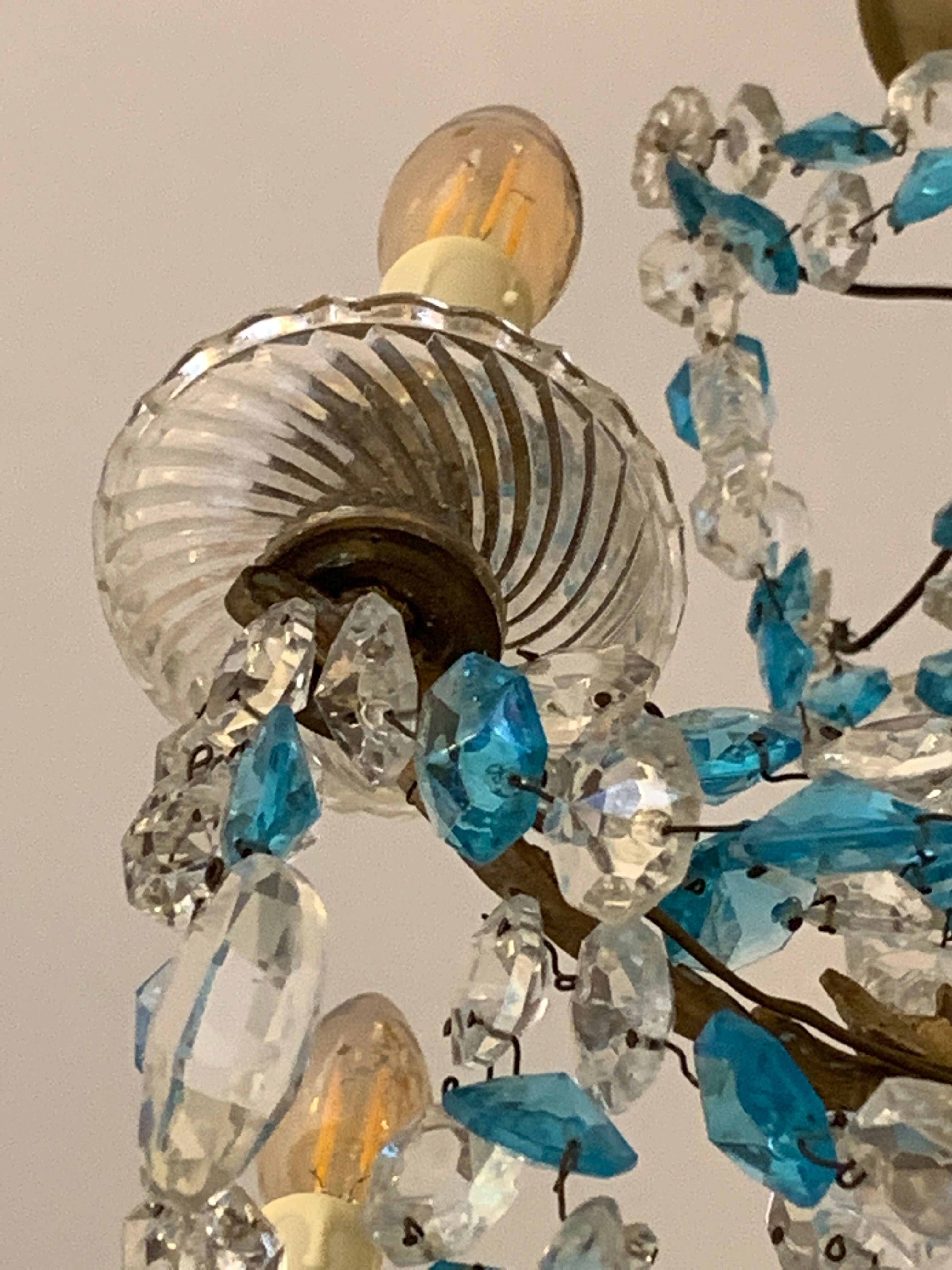 Chandelier with blue crystal pimples, 6 lights, Baccarat, 1950, art nouveau style