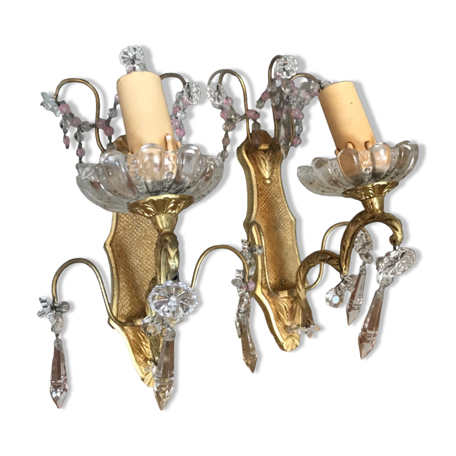 Pair of glass wall sconces with crystal drops