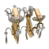 Pair of glass wall sconces with crystal drops