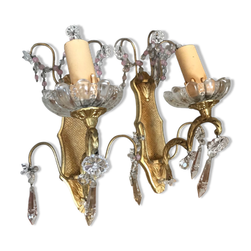 Pair of glass wall sconces with crystal drops