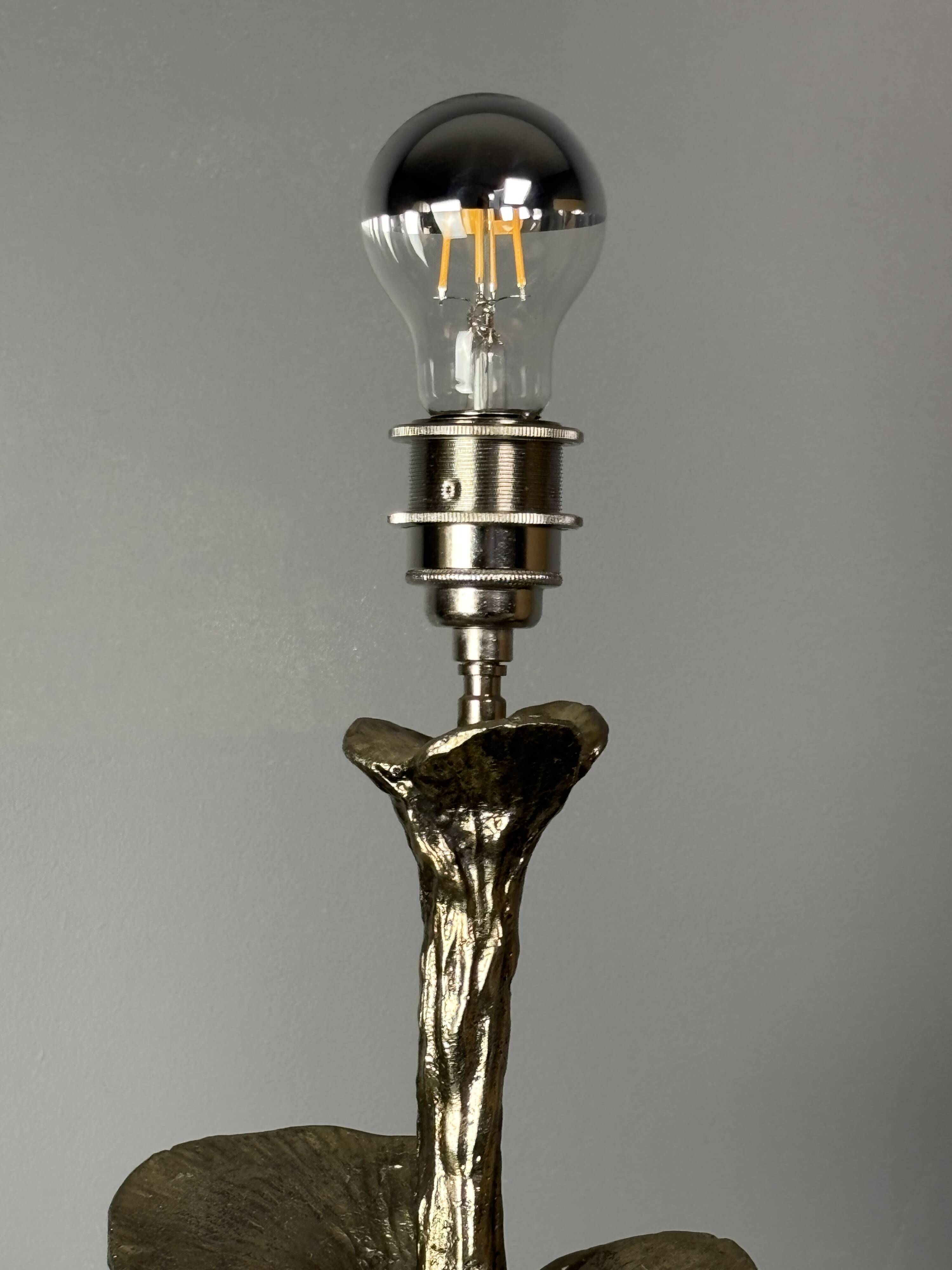 Solid brass silver custom made flower lamp with cocoon fabric shade, 1970s