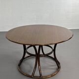 Round Oak Dining Table and Rattan Armchairs, Set of 5