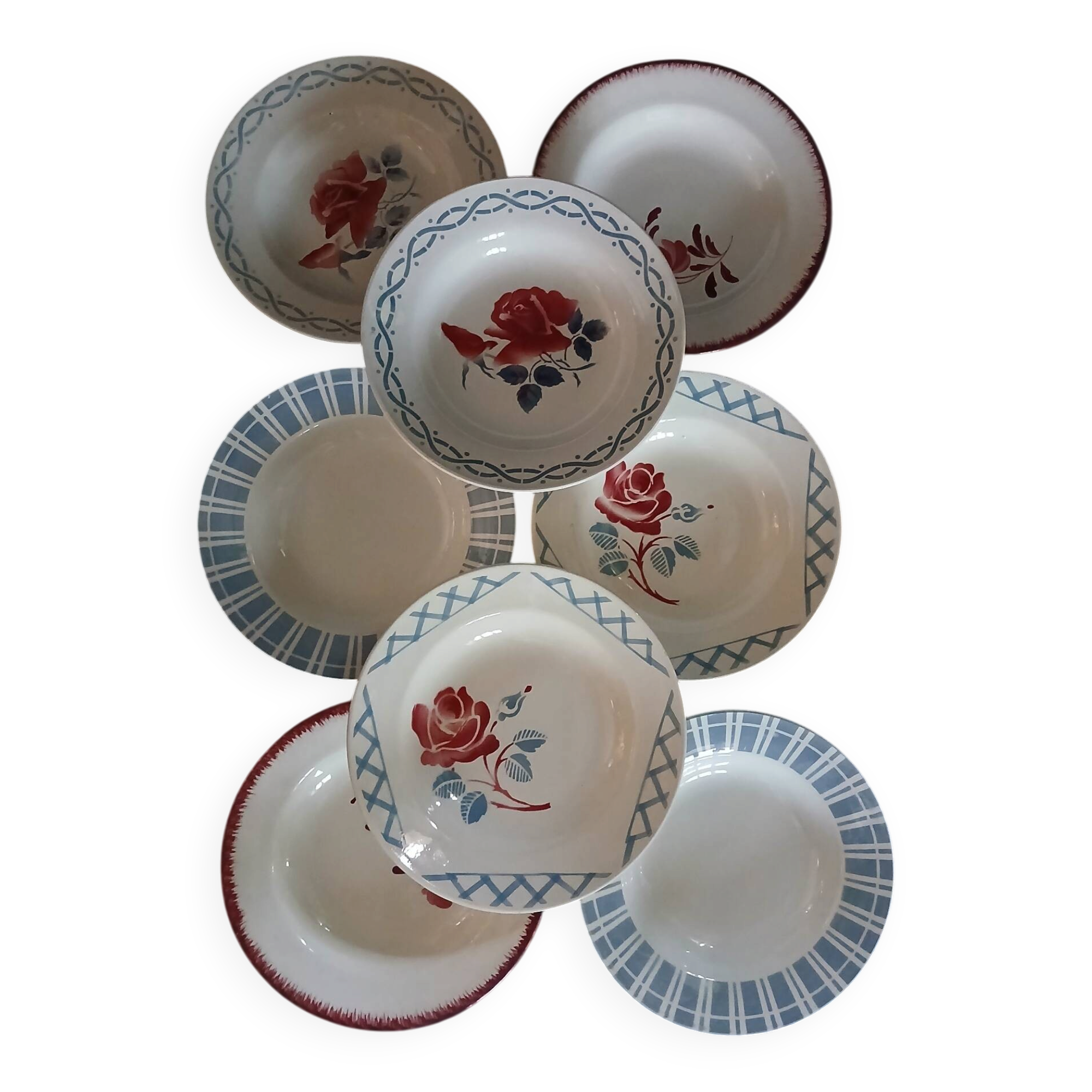 8 mismatched antique deep plates