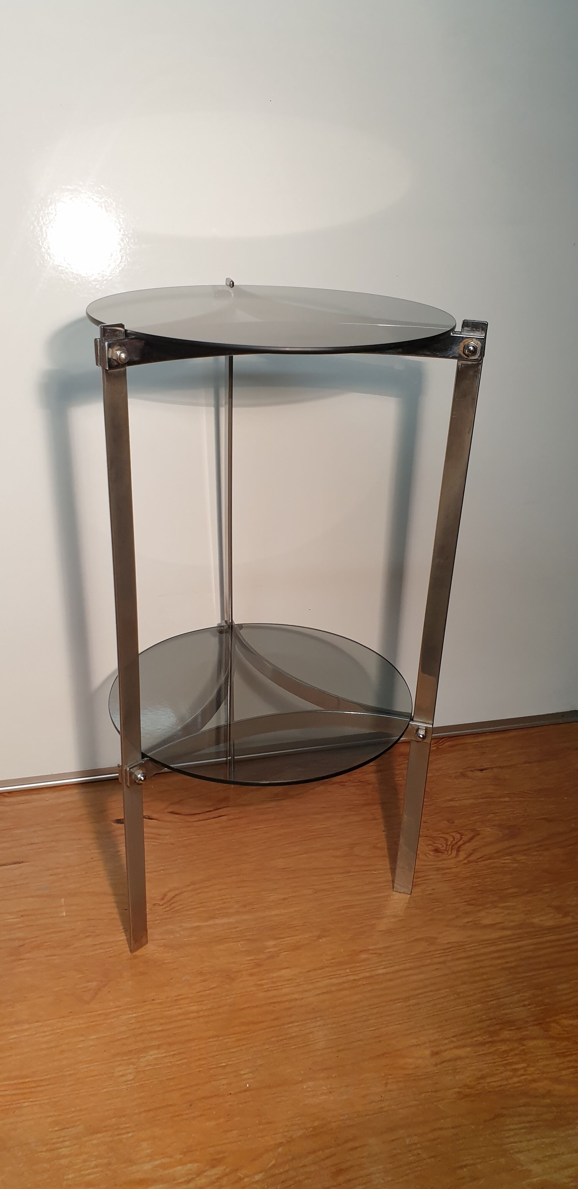 Vintage side-table in smoked glass and chrome metal 1970