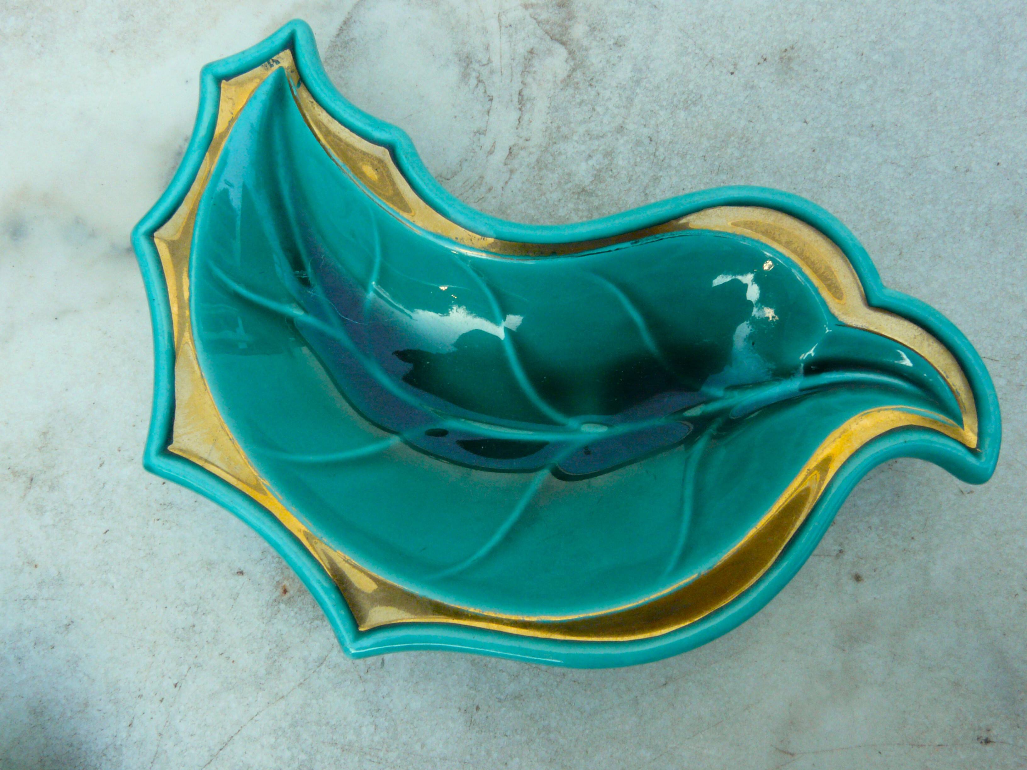 Empty cup pocket stylized leaf green ceramic enamelled verceram 1930 to 1940