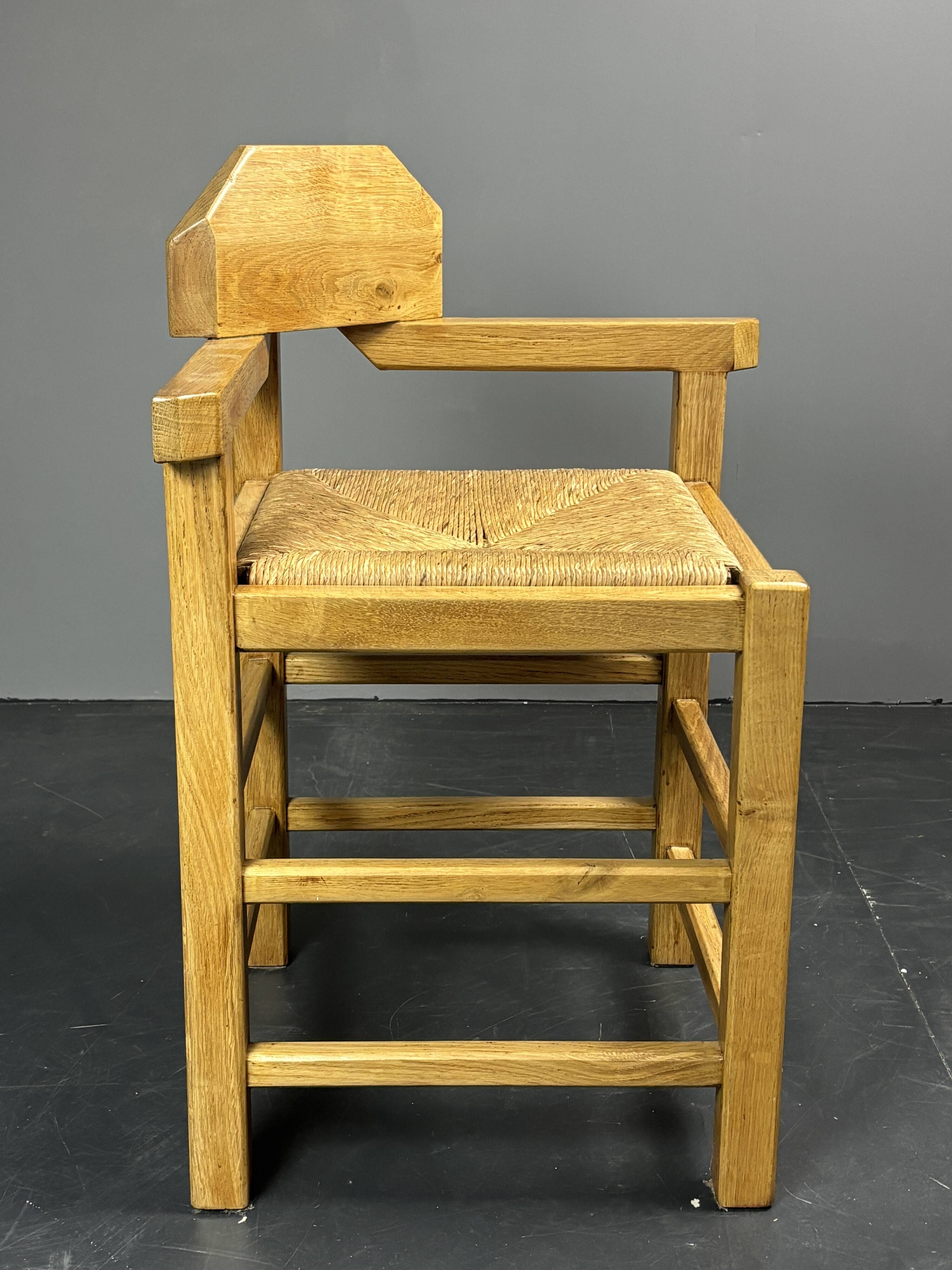 Dutch postmodern brutalist oak corner side chair with rush seat, 1970s