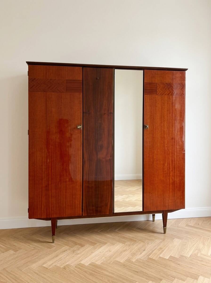 Large vintage 1950s wardrobe in formica and mirror.