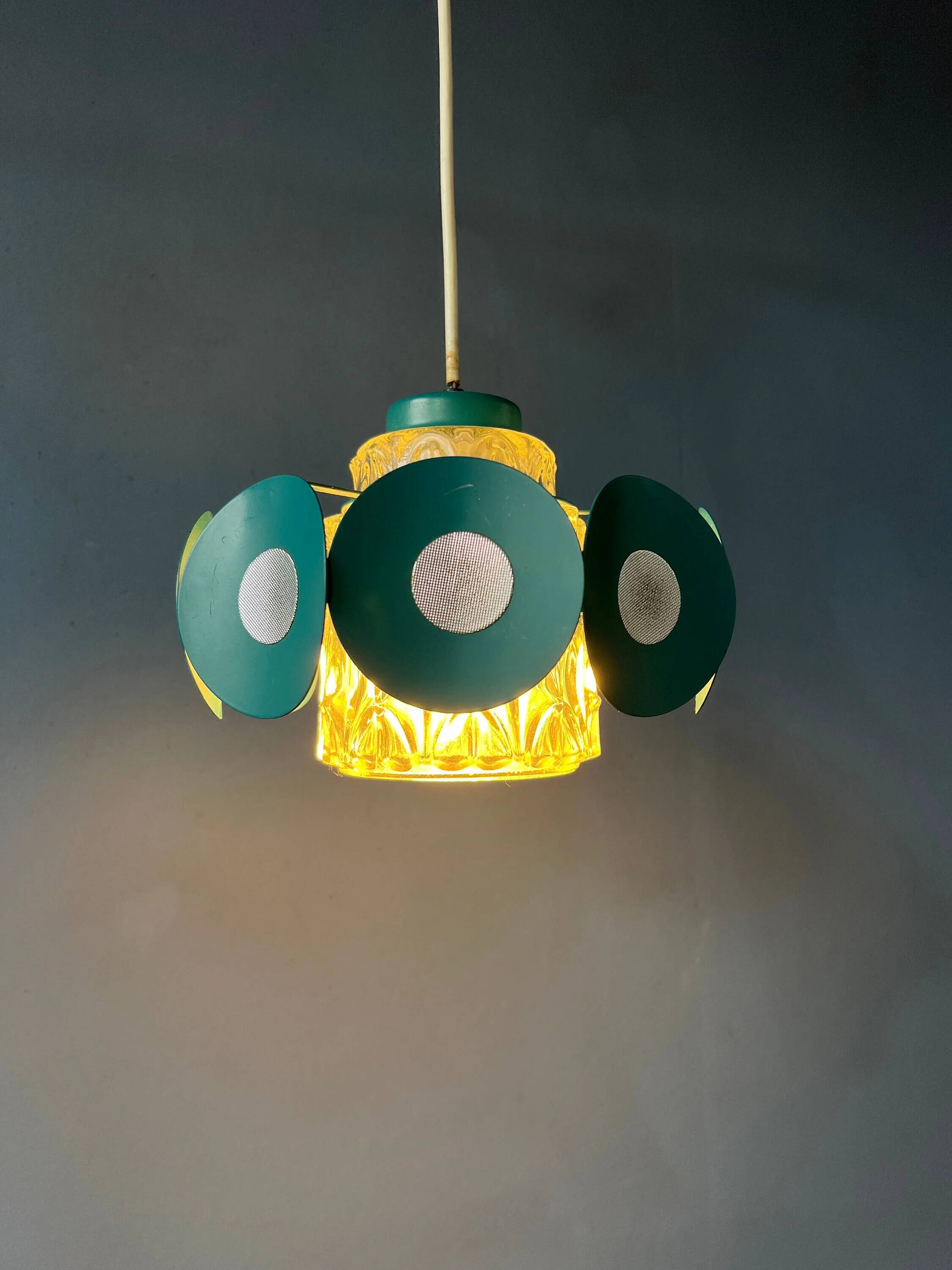 Suspension Space Age with glass shade and green/blue metal structure.