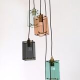 Lustre suspendu en laiton et verre coloré à cinq lampes