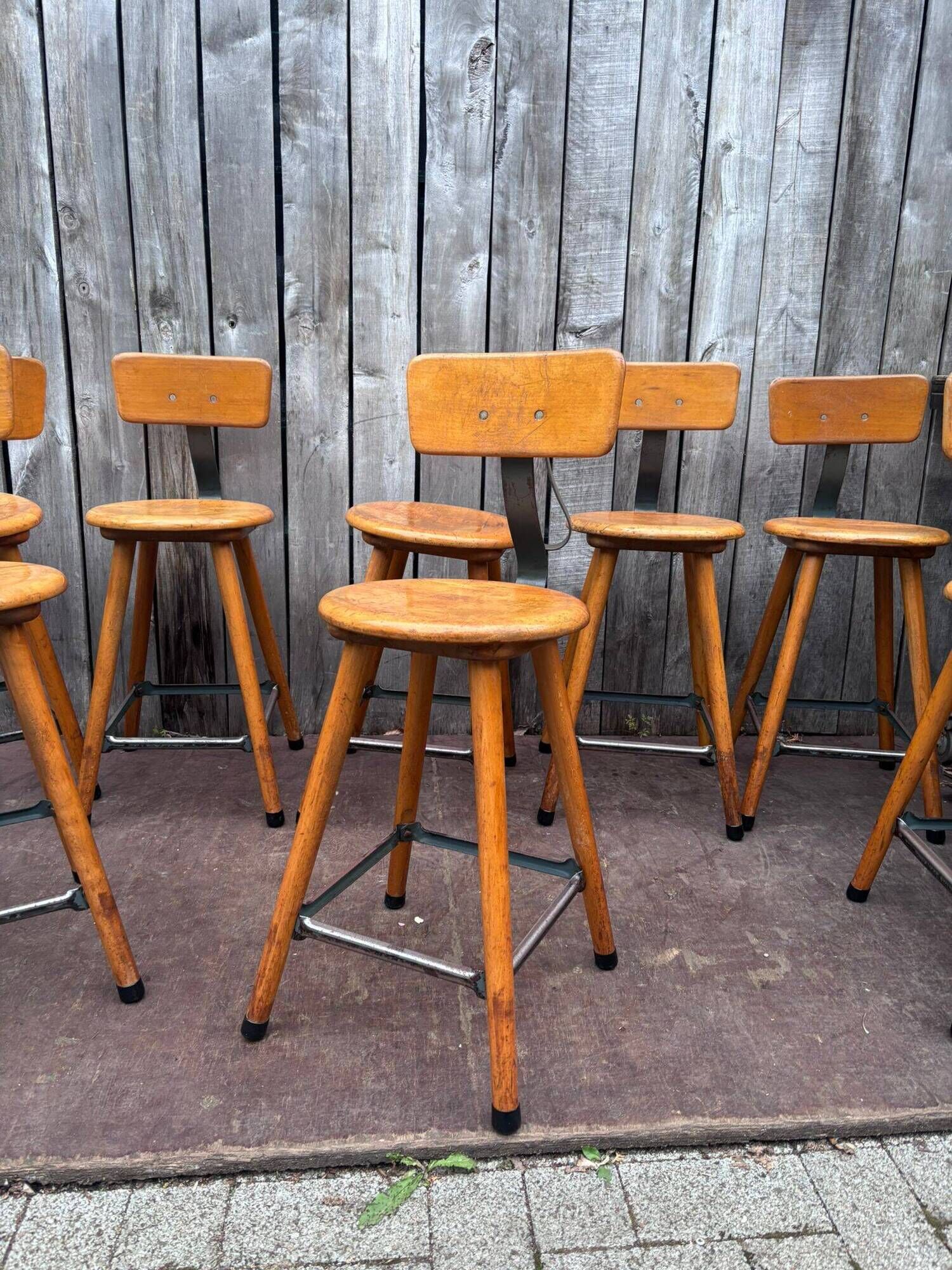 Vintage industrial workshop stool in wood, 1950s