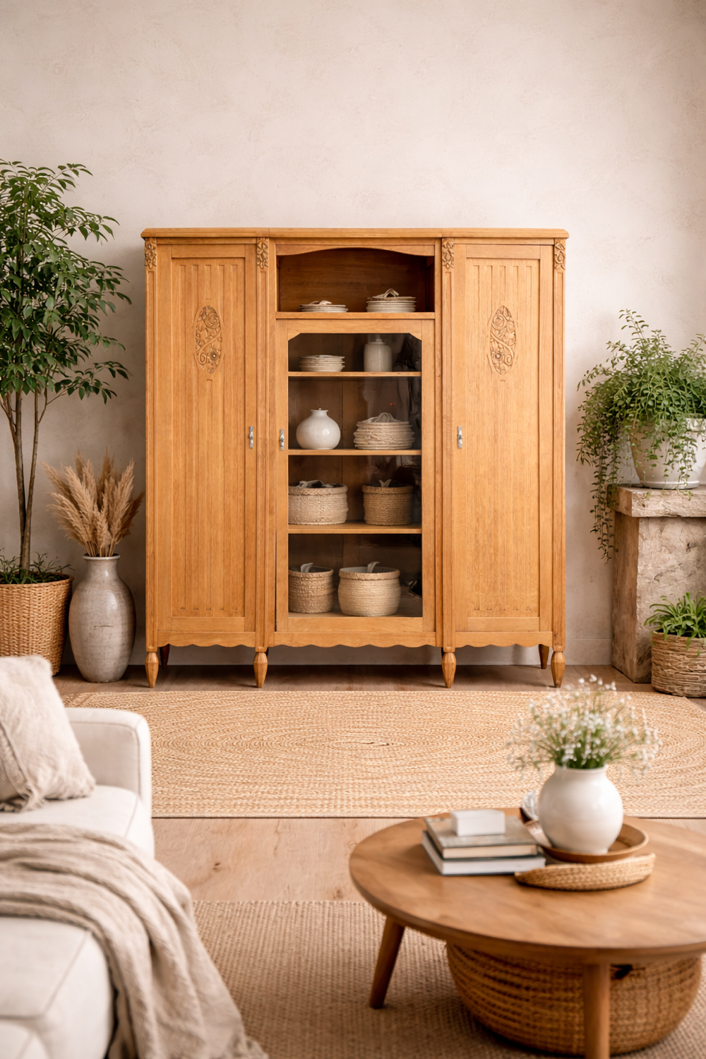 Asymmetrical Art Deco glass-fronted Parisian wardrobe in raw oak, 1930.