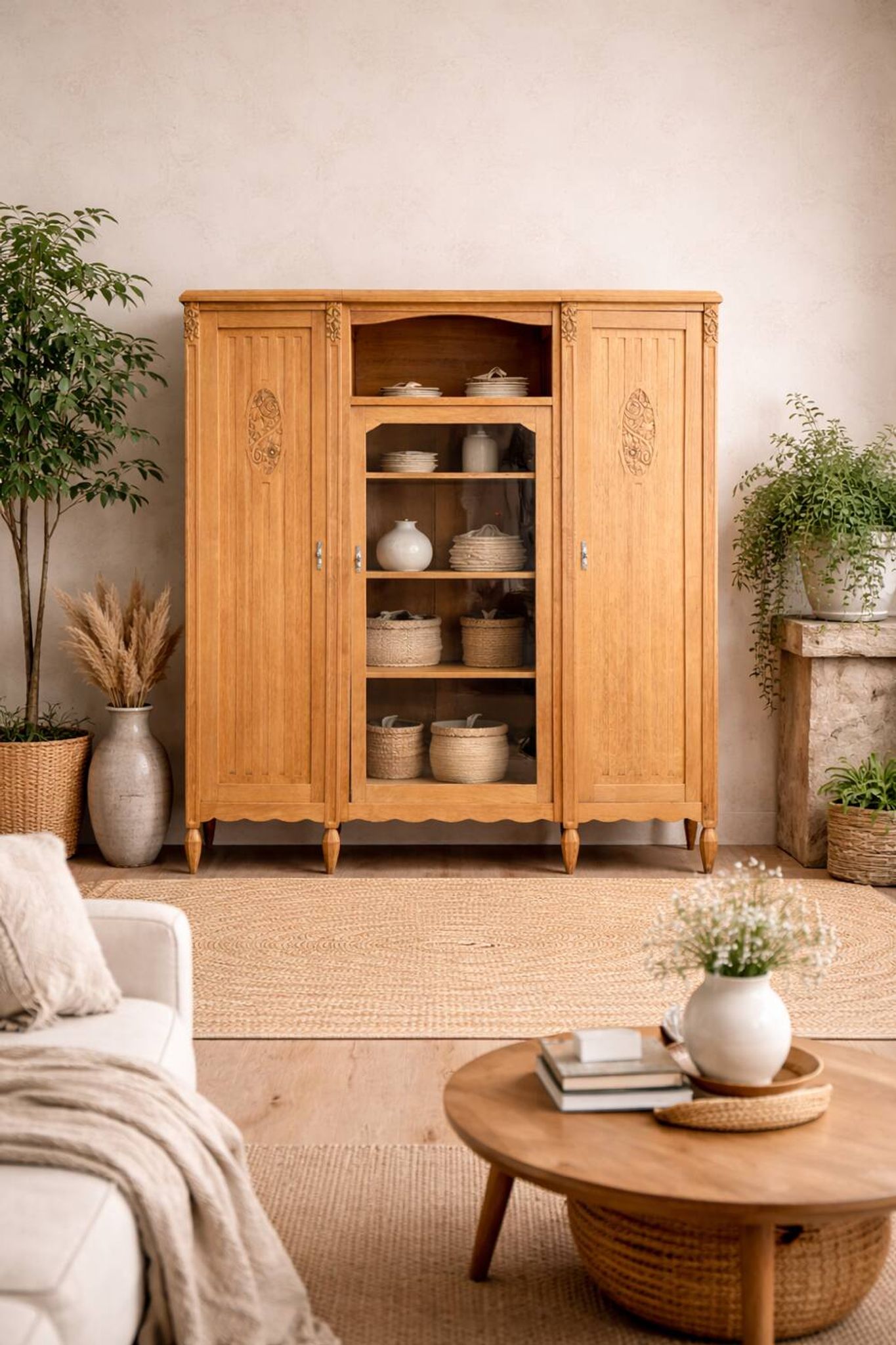 Asymmetrical Art Deco glass-fronted Parisian wardrobe in raw oak, 1930.