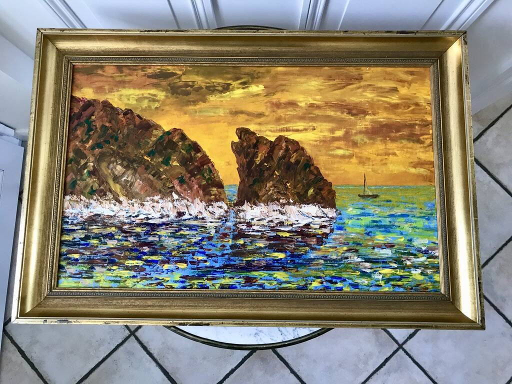 Oil painting on canvas landscape sunset framed vintage