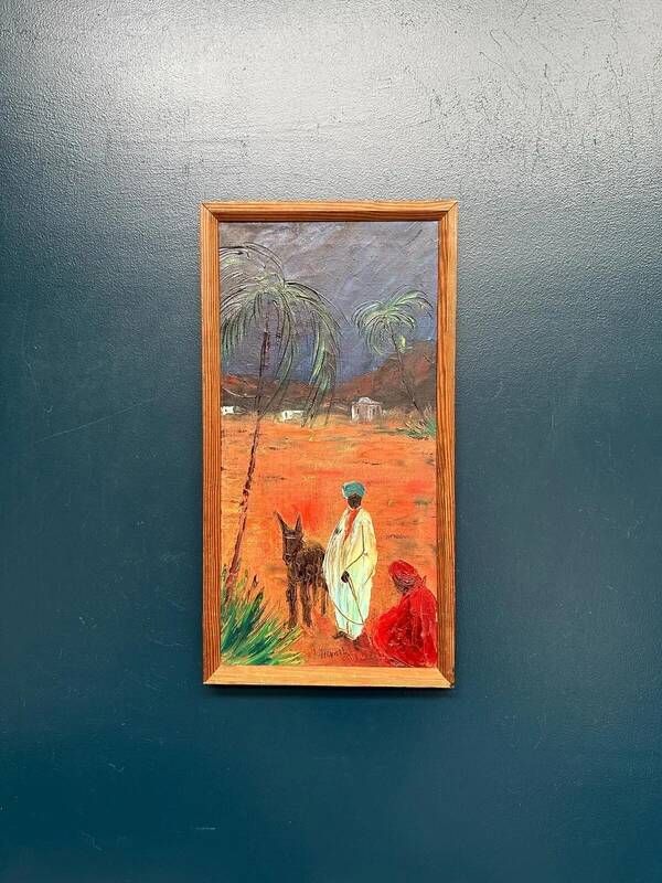 Mid-century oil on canvas “Figures with a dog” by Hans R, vintage & framed 33×63cm