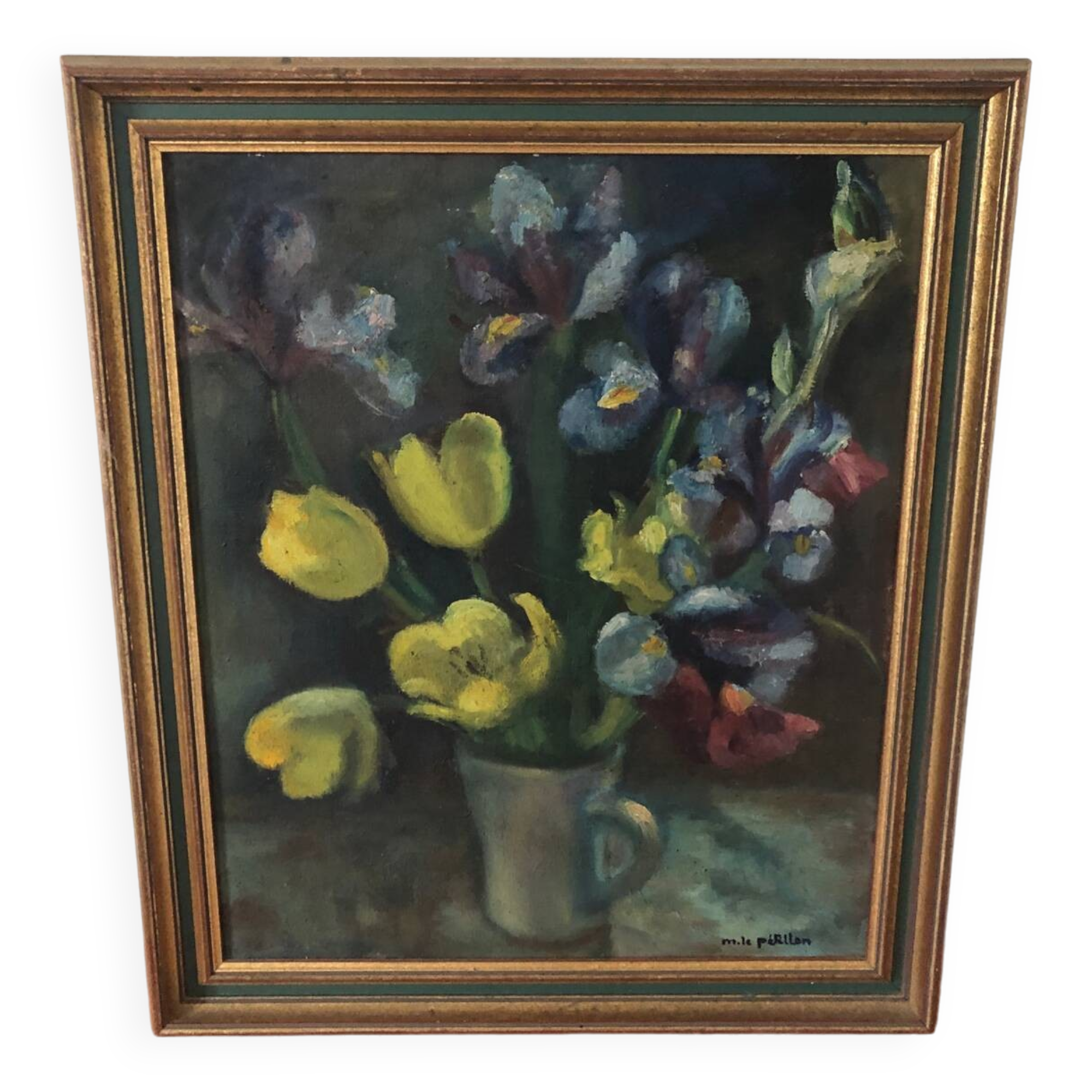 Oil on canvas still life tulips irises