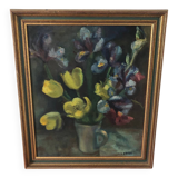 Oil on canvas still life tulips irises