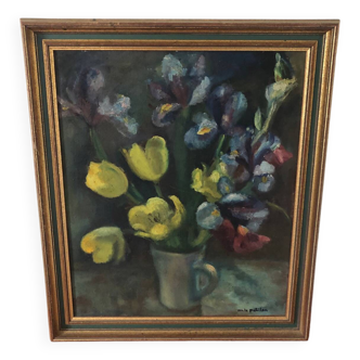 Oil on canvas still life tulips irises
