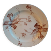 Old round earthenware dish from kg luneville with brown floral decoration