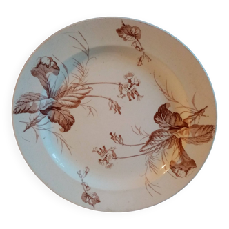 Ancien plat rond en faience de kg luneville a decor floral marron