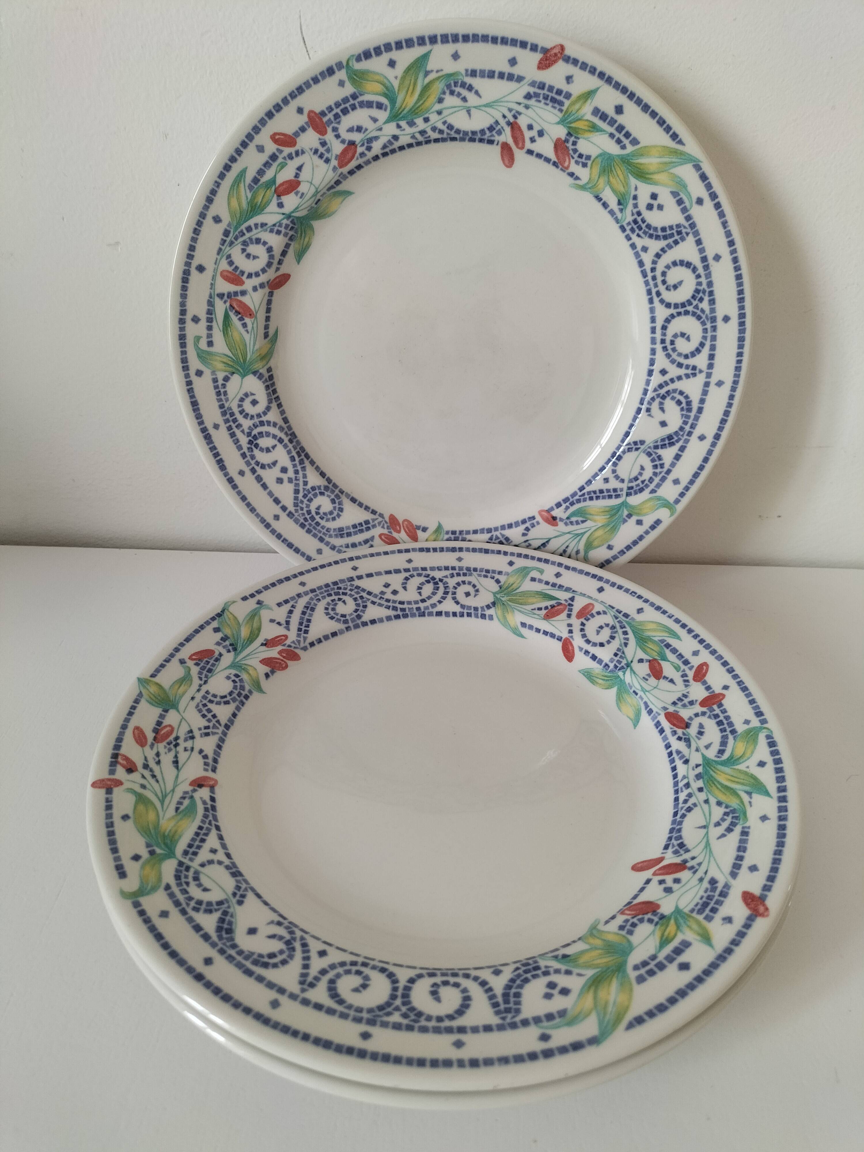 3 plates Churchill England mosaic and floral design