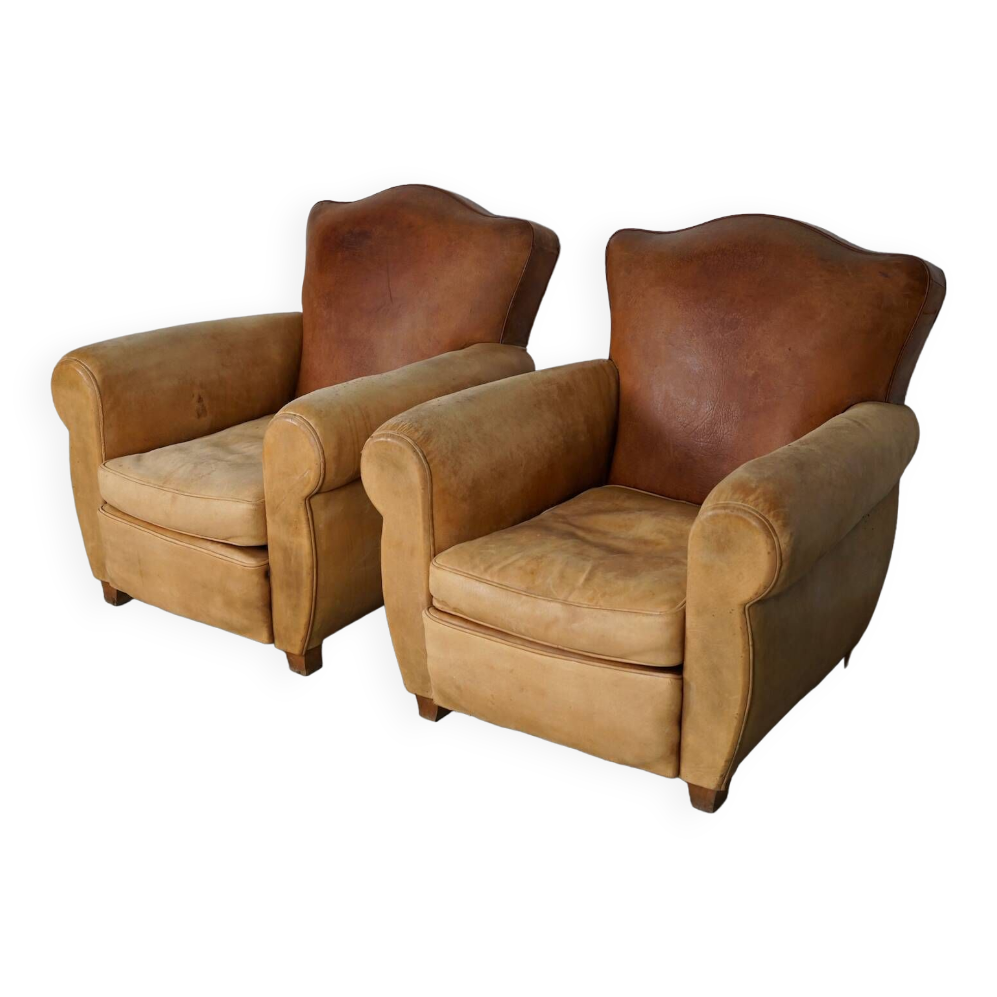 Pair of French Cognac Moustache Back Leather Club Chairs, 1940s