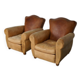 Pair of French Cognac Moustache Back Leather Club Chairs, 1940s