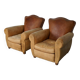 Paire de fauteuils club en cuir avec dossier moustache et cognac, France, 1940s