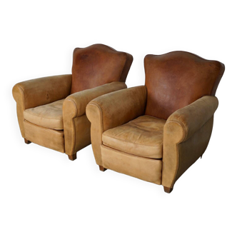 Pair of French Cognac Moustache Back Leather Club Chairs, 1940s