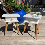 Pair of vintage bedside tables with high compass legs and top design