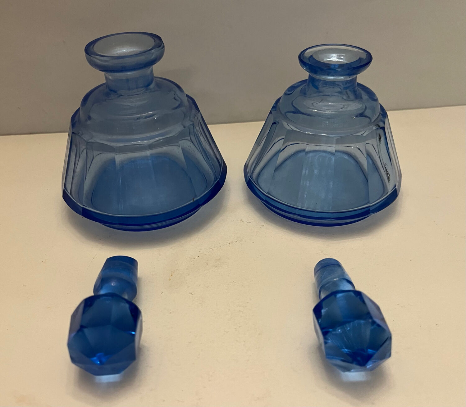 Pair of blue glass perfume bottles