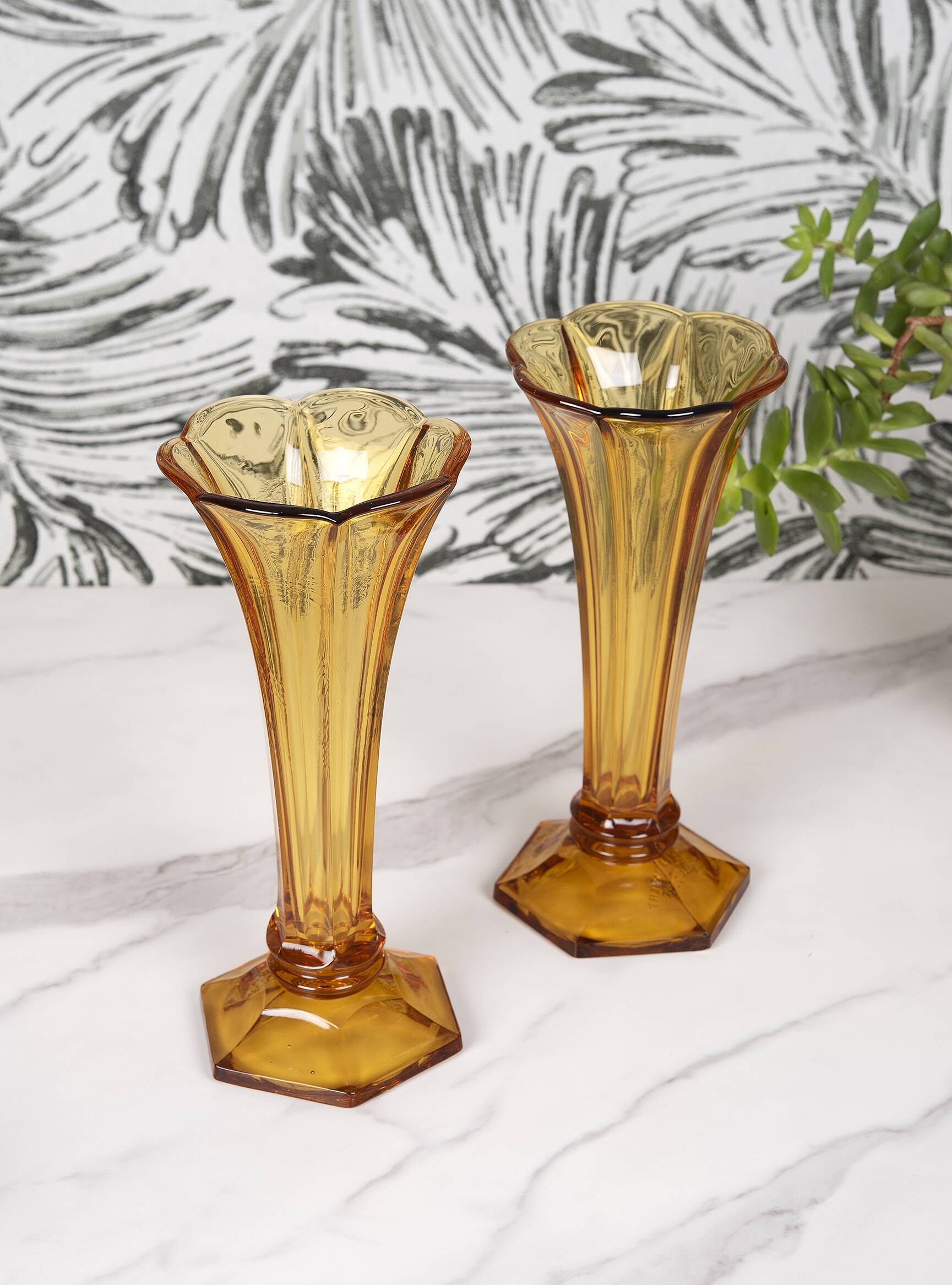 Art Deco Val Saint Lambert Belgian amber glass tulip vases, set of 2.