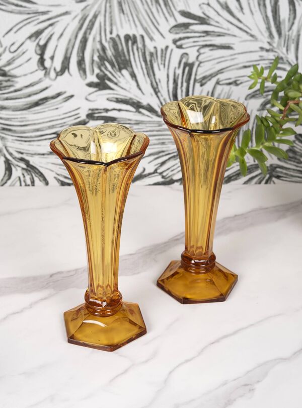 Vases de tulipe en verre ambré belge Art déco Val Saint Lambert, lot de 2.