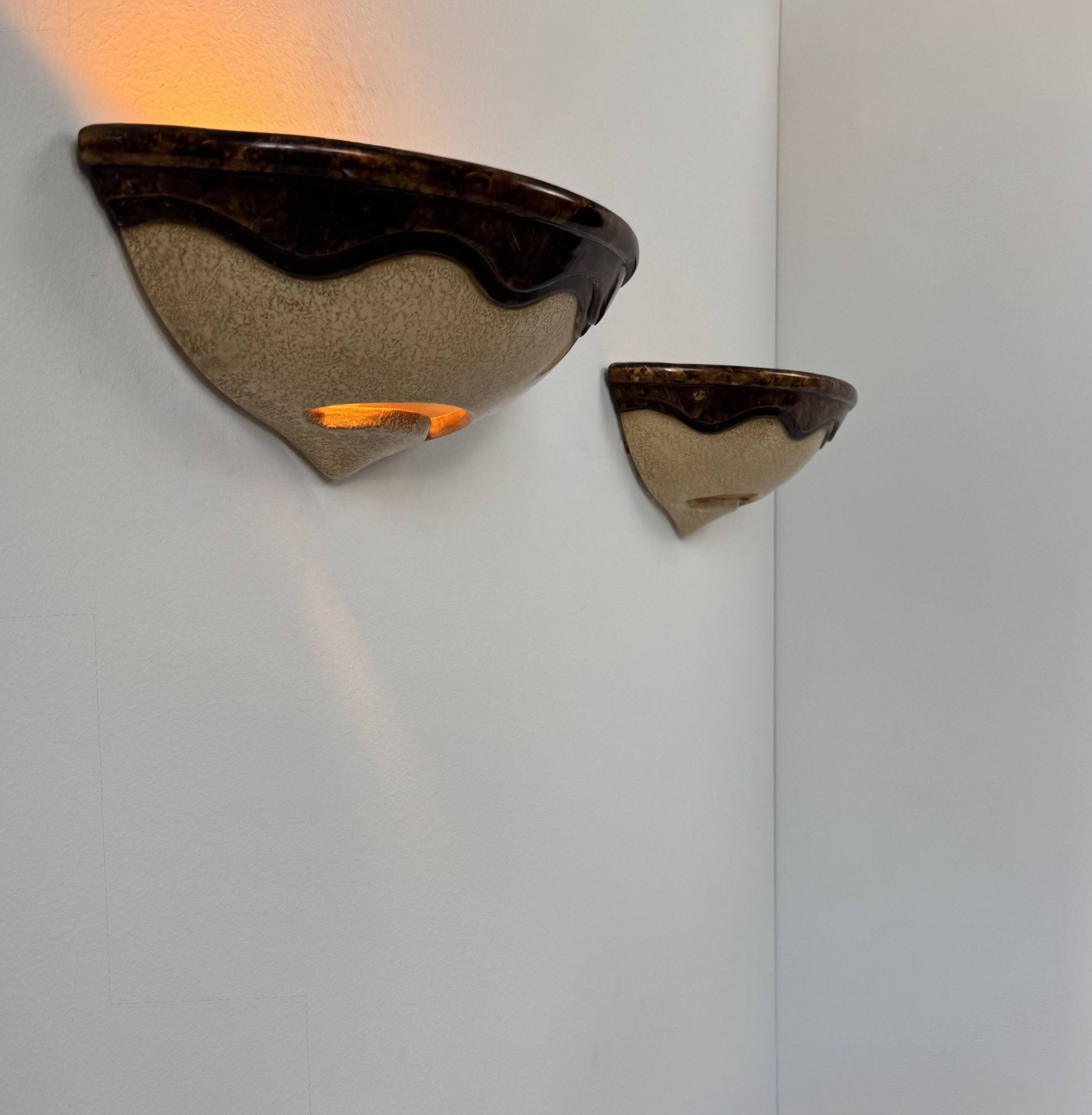Pair of vintage wall sconces, beige and brown porcelain, France, 1960.