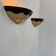 Pair of vintage wall sconces, beige and brown porcelain, France, 1960.