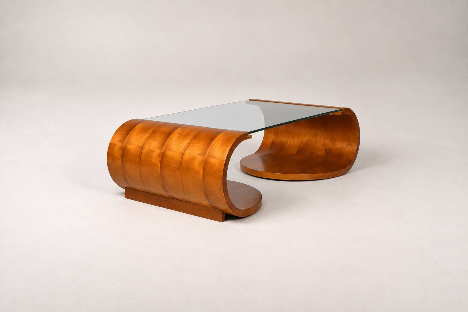 Sculptural coffee table in wood and glass — circa 1970