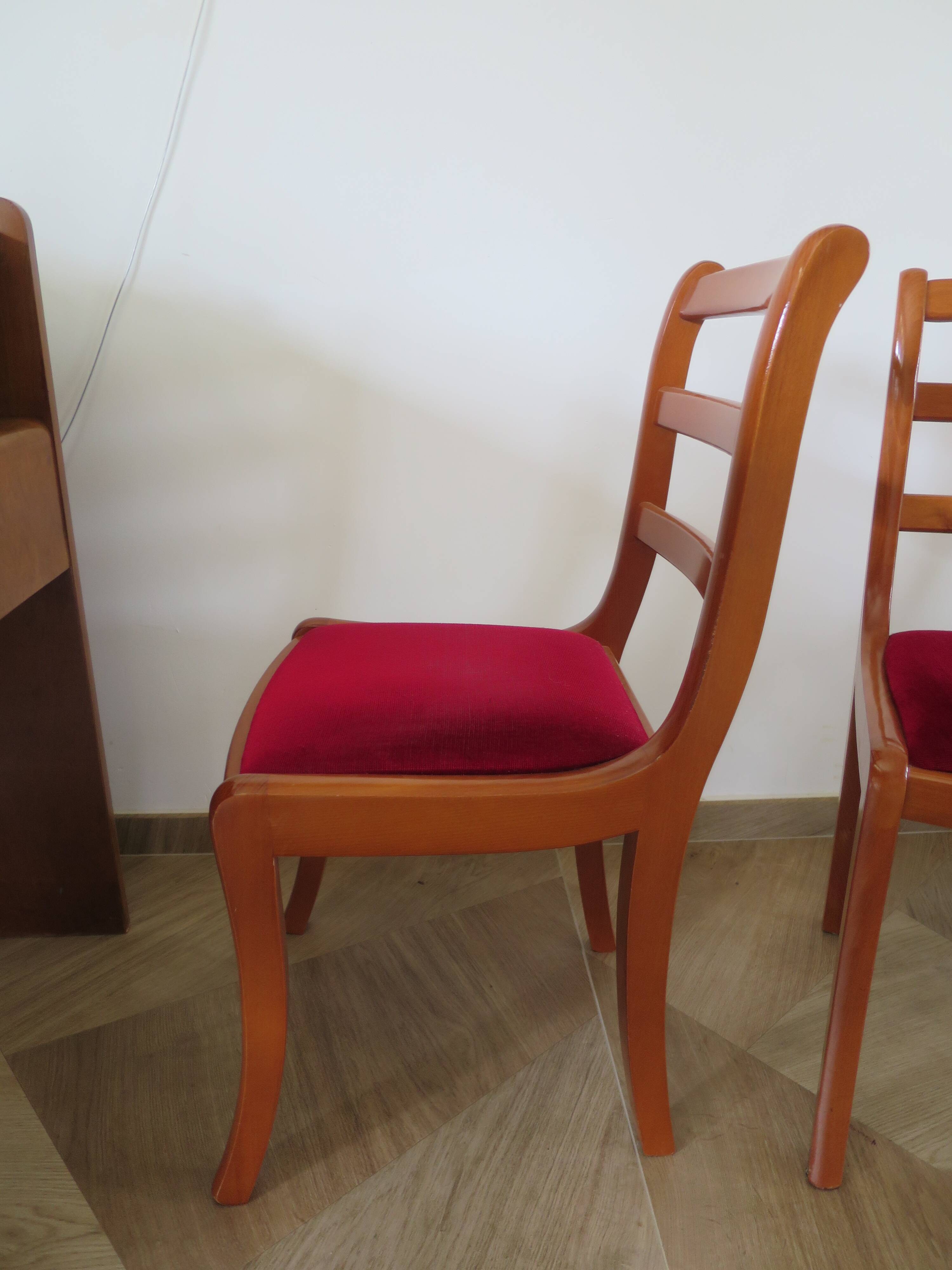 Solid cherry wood chairs and red velvet seat - Set of 4 - Louis Philippe style