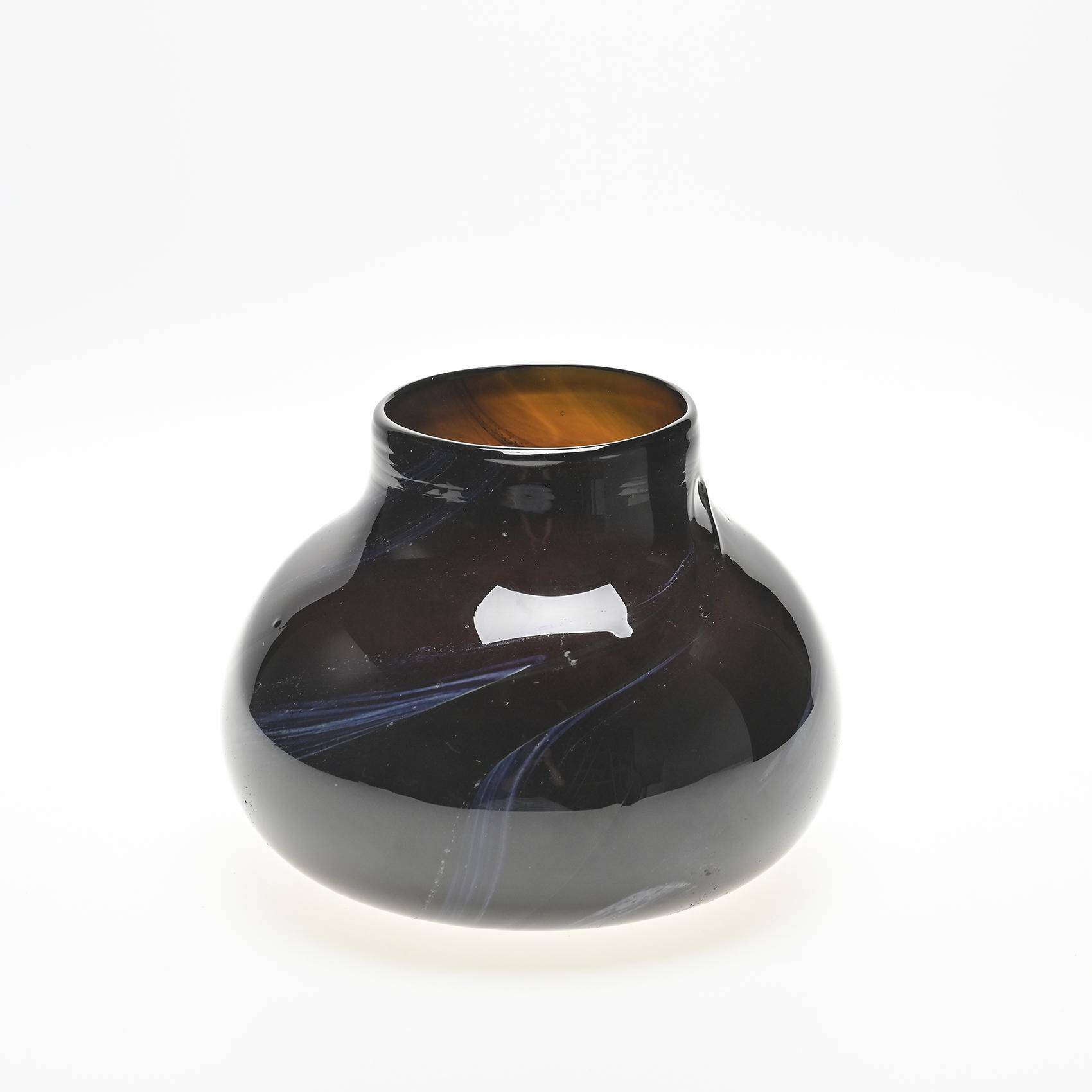 Brown blown glass vase with blue scrolls by Claude Morin, Dieulefit 1979