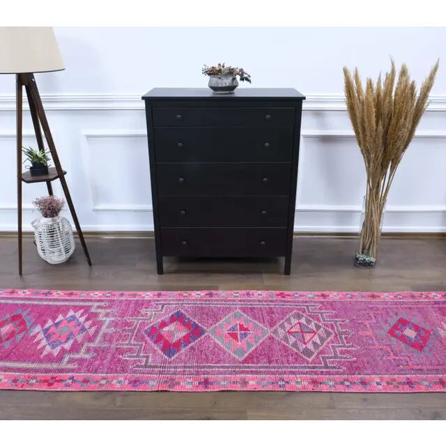 1970s Turkish Handmade Pink Diamond Wool Runner Rug 78x384