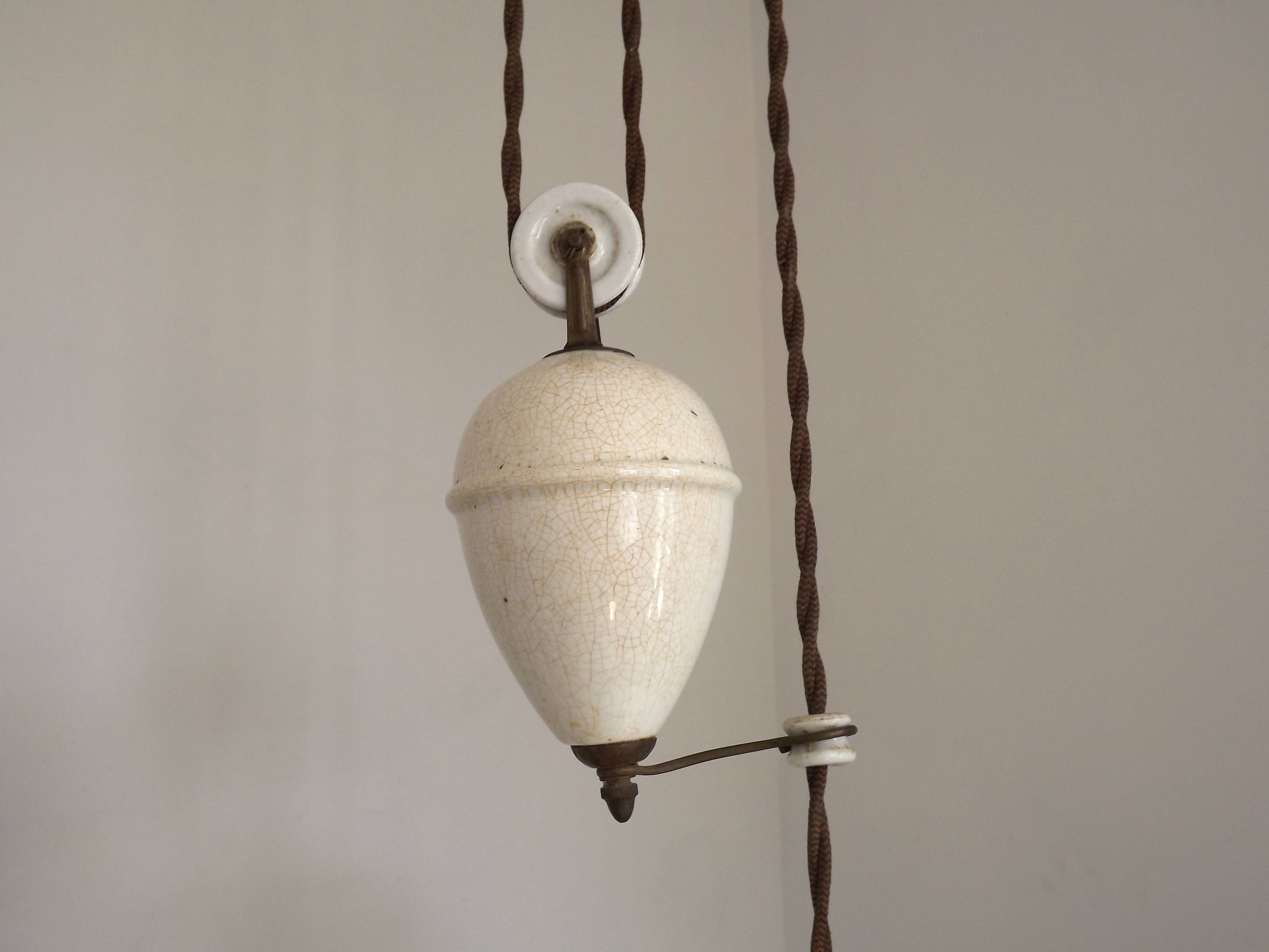 Vintage French Rise & Fall Counterbalance Ceiling Light Opaline Glass Shade