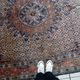 1940s handmade wool medallion rug, ivory and navy, 212 × 312 cm