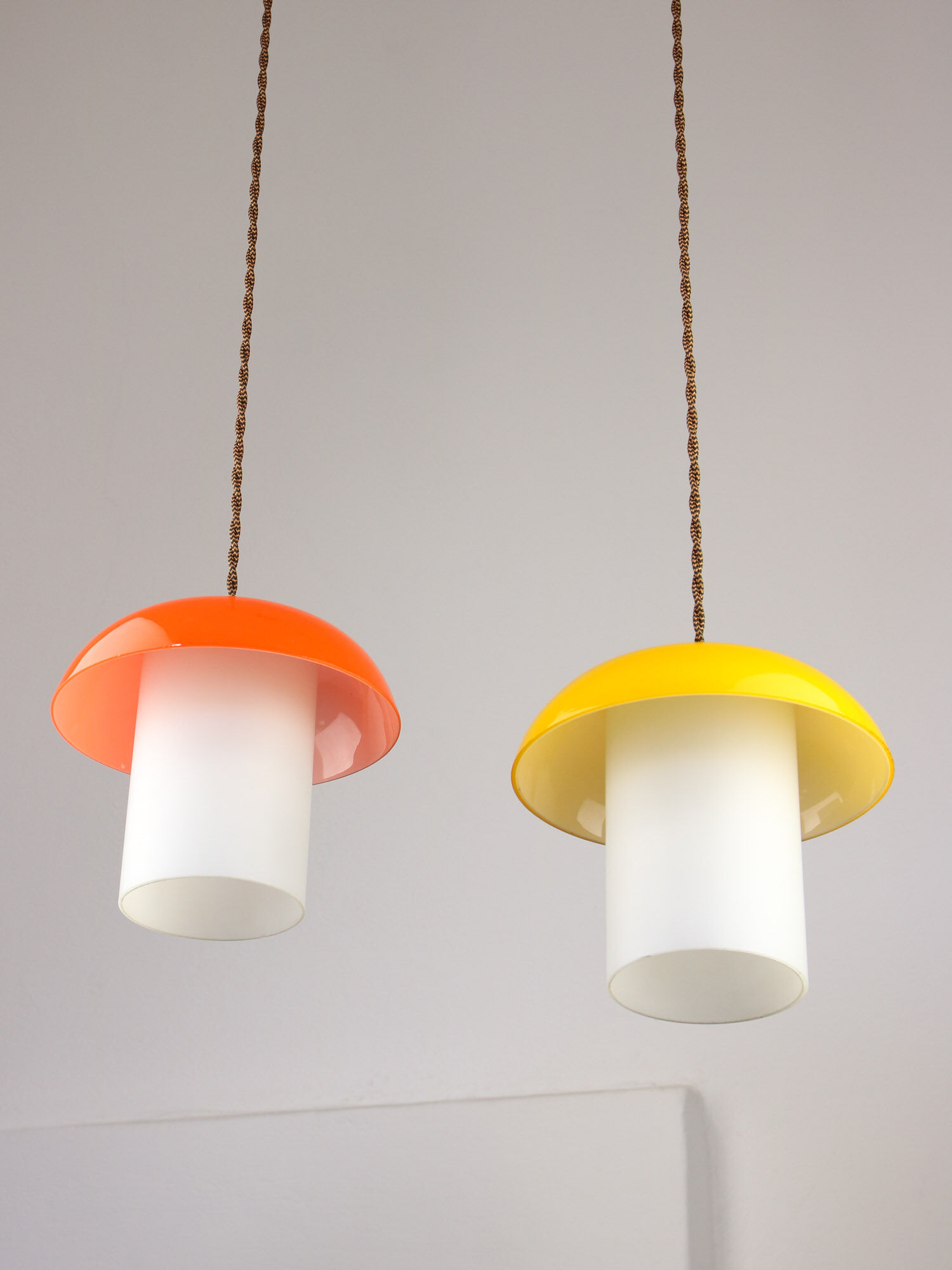 Mid-century Glass & Brass Mushroom Pendant Lamp, set of 2