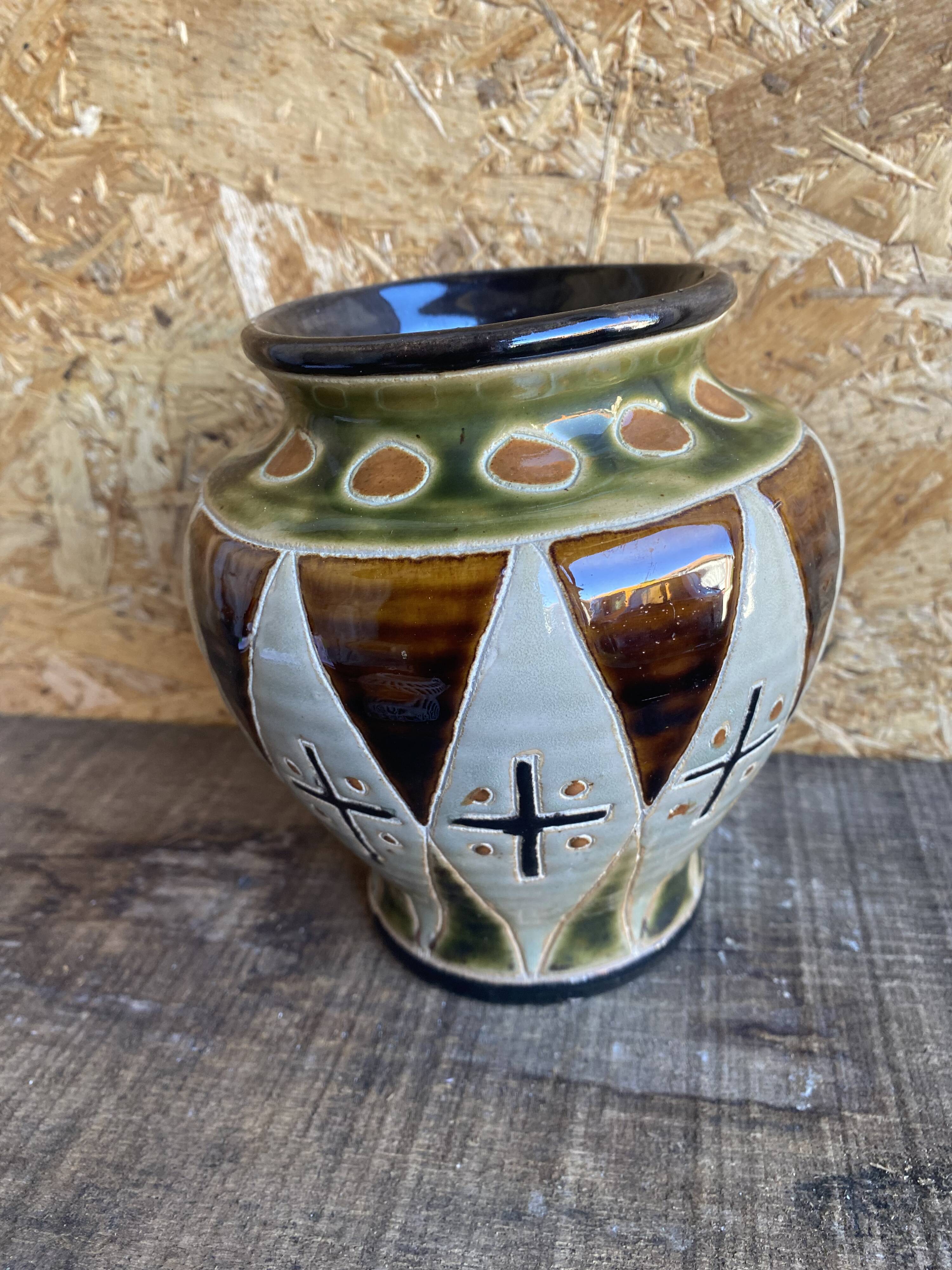 Vintage Polychrome Glazed Stoneware Vase #D961