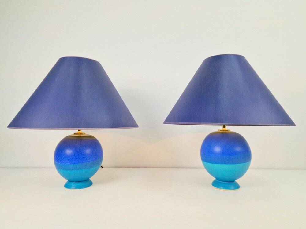 Lampes de table sphériques en céramique bleue vintage, années 1970, ensemble de 2