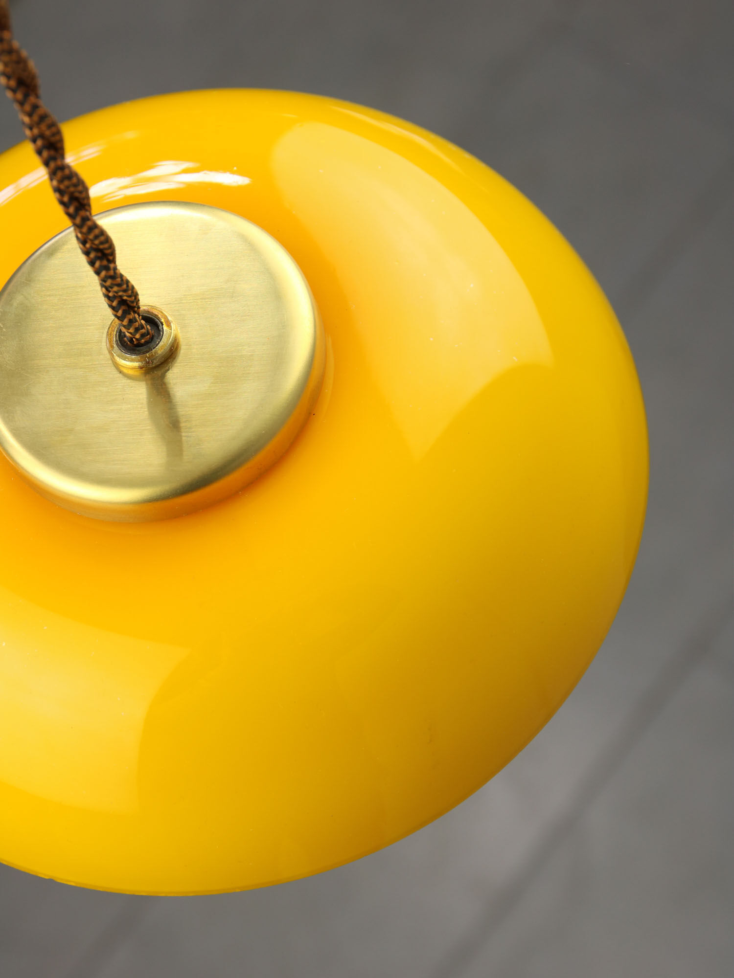 Mid-century yellow glass & brass mushroom pendant lamp