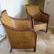 Set of 2 armchairs in woven rattan and exotic wood, 1980s