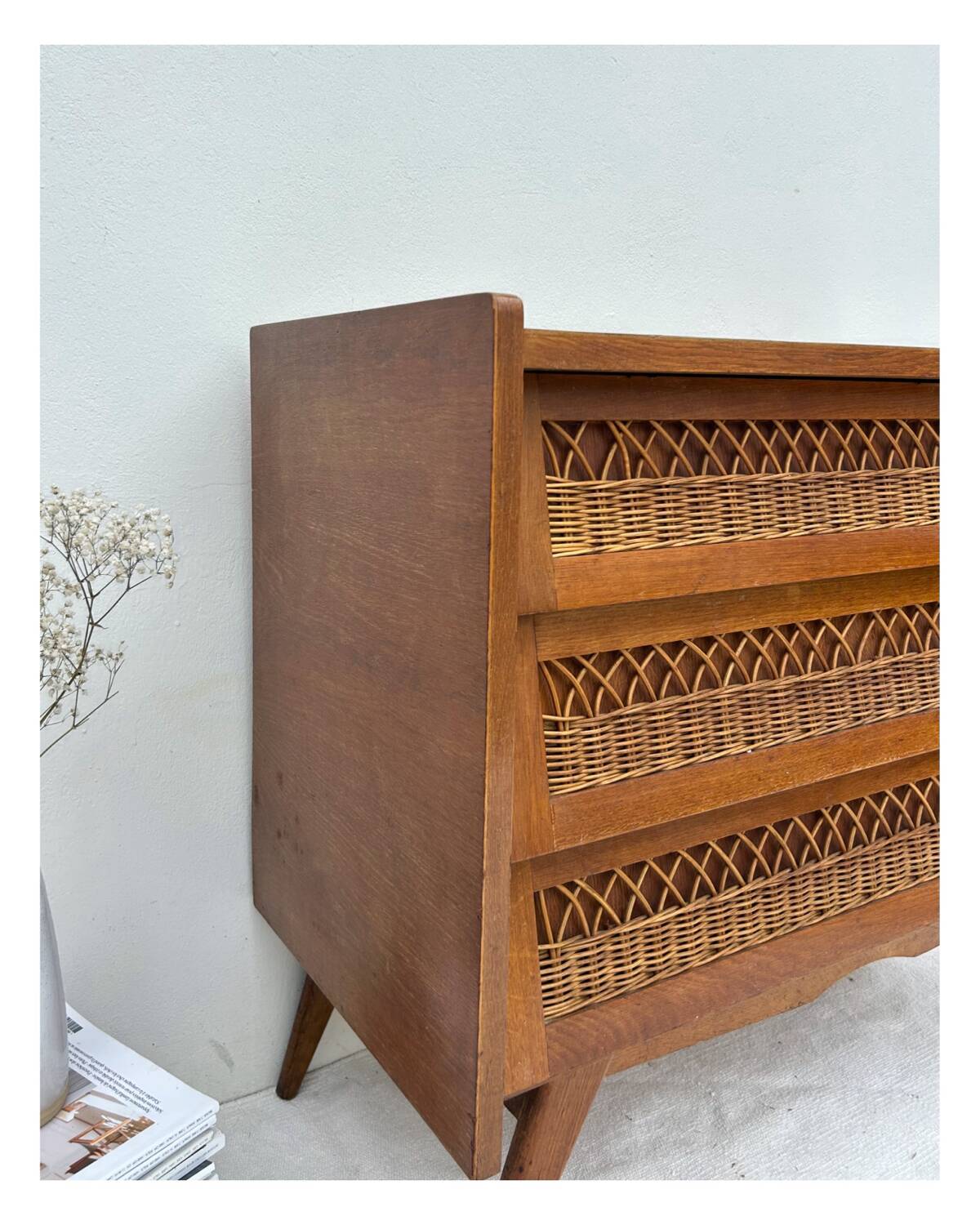 Rattan and wood chest of drawers