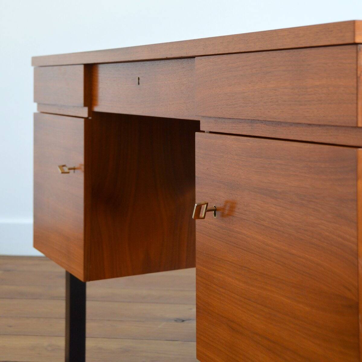 Scandinavian teak desk 2 pedestals 3 drawers 1960s