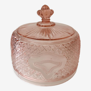 Old bell for cheeses or other foods in thick pressed molded glass, pink in color.