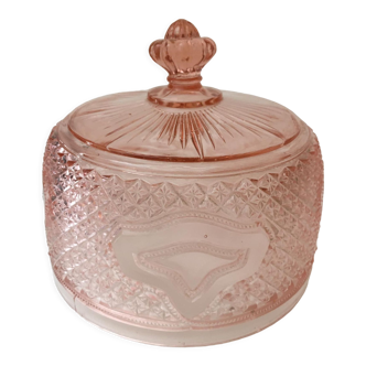 Old bell for cheeses or other foods in thick pressed molded glass, pink in color.