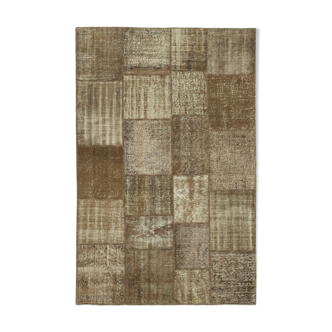 Handmade anatolian overdyed 196 cm x 302 cm brown patchwork carpet